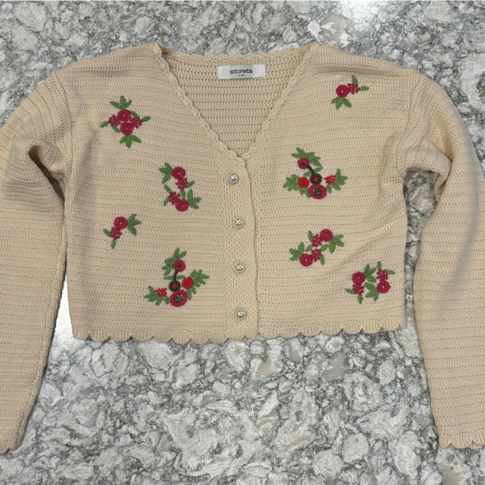 Storets Cream Cropped Embroidered Floral Cardigan